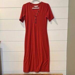 LOFT Red Button-Front Midi Dress
